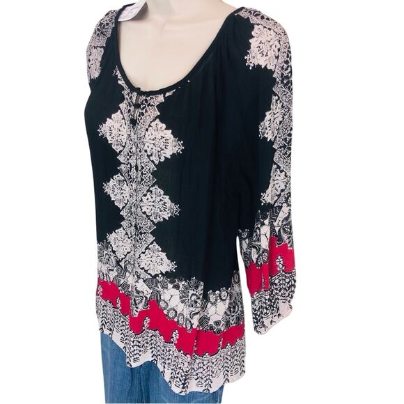NWT Angie Black Red Boho Inspired Print Long Sleeve Top 3 button Scoop Neck Top - Picture 3 of 16